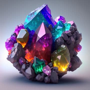 A cluster of colorful crystals sitting on top of a pile of rocks A cluster of colorful crystals sitting on top of a pile of rocks