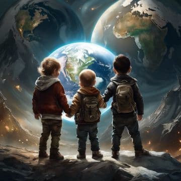 Three children standing in front of a picture of the earth Three children standing in front of a picture of the earth