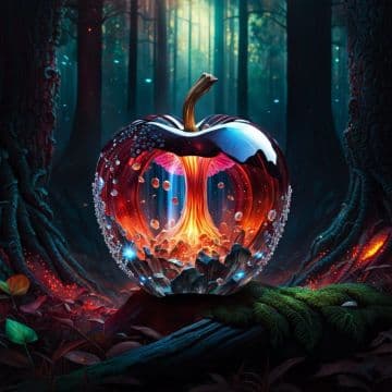 A glowing apple in the middle of a forest A glowing apple in the middle of a forest