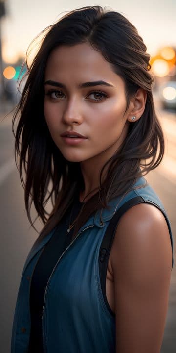 A woman in a blue top is standing on the street A woman in a blue top is standing on the street