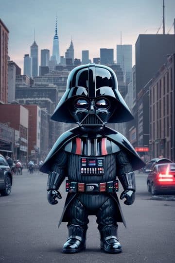 A darth vader character standing in the middle of a street A darth vader character standing in the middle of a street