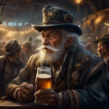 A painting of an old man holding a glass of beer A painting of an old man holding a glass of beer