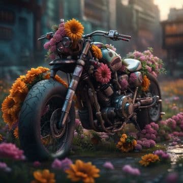 A motorcycle with a bunch of flowers on the back of it A motorcycle with a bunch of flowers on the back of it