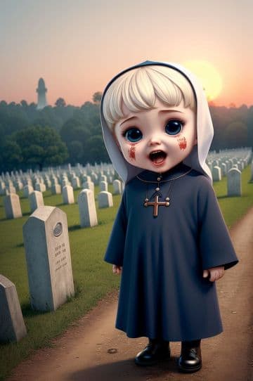 A little girl in a nun costume standing in a cemetery A little girl in a nun costume standing in a cemetery