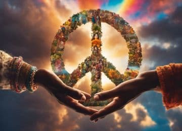 Two hands holding a peace sign in front of a cloudy sky Two hands holding a peace sign in front of a cloudy sky