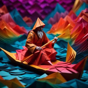 An origami of an old man rowing a boat An origami of an old man rowing a boat