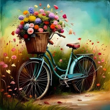 A painting of a bicycle with a basket full of flowers A painting of a bicycle with a basket full of flowers