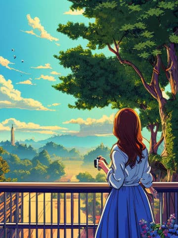 A girl in a blue dress is looking at the scenery A girl in a blue dress is looking at the scenery