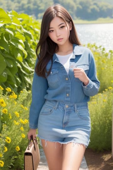 A woman in a jean jacket and shorts A woman in a jean jacket and shorts