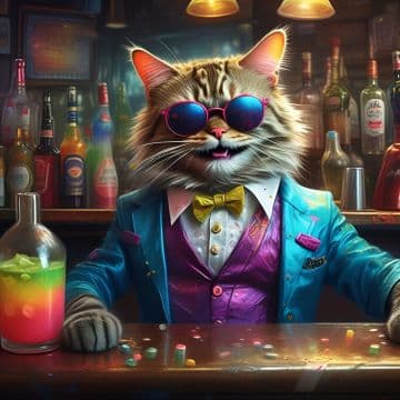 A cat in a suit and sunglasses sitting at a bar A cat in a suit and sunglasses sitting at a bar