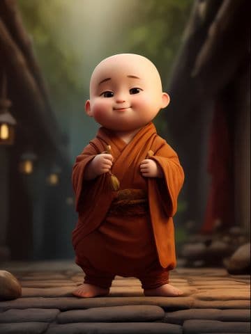 A little monk standing on a stone walkway A little monk standing on a stone walkway