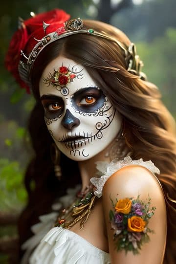 A woman with a skeleton make up and flowers in her hair A woman with a skeleton make up and flowers in her hair
