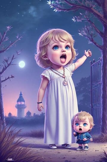 A painting of a little girl and a little boy standing in front of a gate A painting of a little girl and a little boy standing in front of a gate