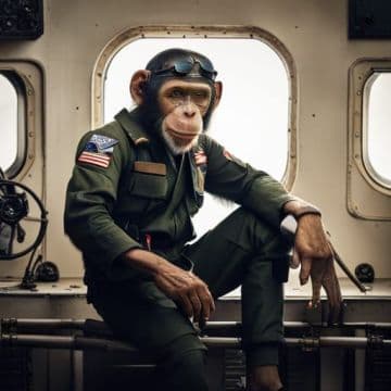 A monkey wearing a pilot's uniform sitting on a boat A monkey wearing a pilot's uniform sitting on a boat
