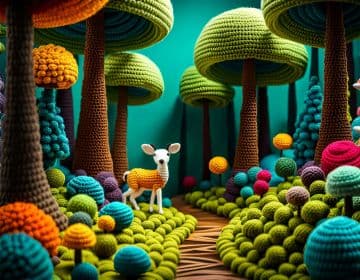 A crocheted forest with a deer in the middle of it A crocheted forest with a deer in the middle of it
