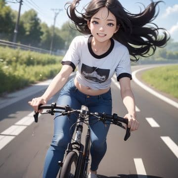 A woman riding a bike down a road A woman riding a bike down a road