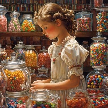 A painting of a little girl looking at a jar of candy A painting of a little girl looking at a jar of candy