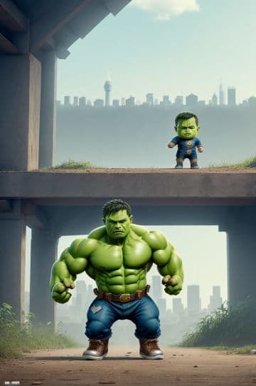 A cartoon picture of a man and a hulk in front of a bridge A cartoon picture of a man and a hulk in front of a bridge
