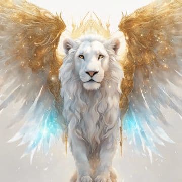 A painting of a white lion with wings A painting of a white lion with wings
