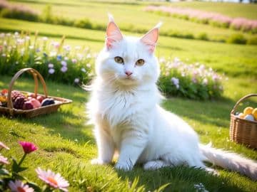 A white cat sitting in the grass next to a basket of eggs A white cat sitting in the grass next to a basket of eggs