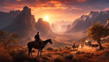 A painting of a man riding a horse in the desert A painting of a man riding a horse in the desert