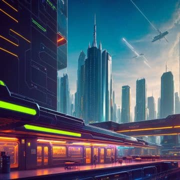 A futuristic city scene with a train in the foreground A futuristic city scene with a train in the foreground