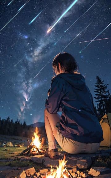 A woman sitting in front of a campfire under a night sky filled with stars A woman sitting in front of a campfire under a night sky filled with stars