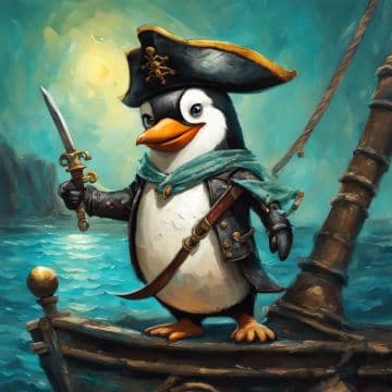 A painting of a penguin pirate holding a sword A painting of a penguin pirate holding a sword