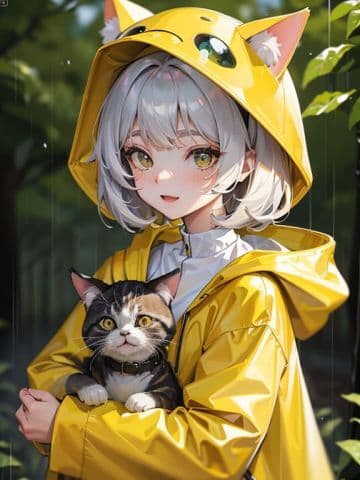 A woman in a yellow raincoat holding a cat A woman in a yellow raincoat holding a cat