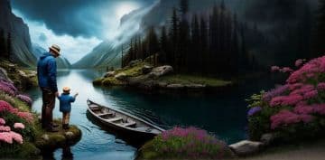 A painting of a father and son looking at a boat on a lake A painting of a father and son looking at a boat on a lake