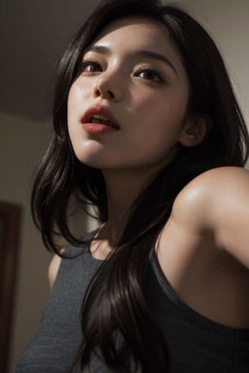 A woman with long dark hair wearing a tank top A woman with long dark hair wearing a tank top