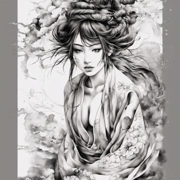 A black and white drawing of a woman with long hair A black and white drawing of a woman with long hair