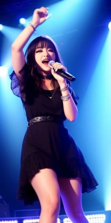 A woman in a black dress singing into a microphone A woman in a black dress singing into a microphone