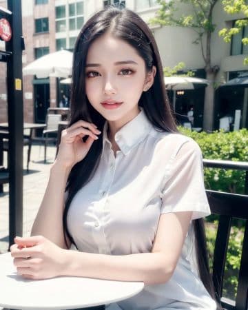 A woman sitting at a table with her hand on her chin A woman sitting at a table with her hand on her chin