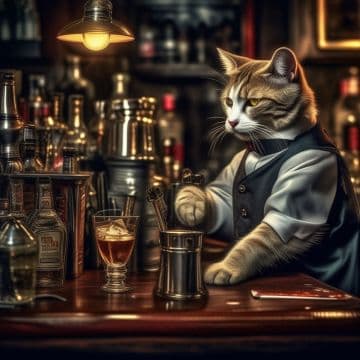 A painting of a cat sitting at a bar A painting of a cat sitting at a bar