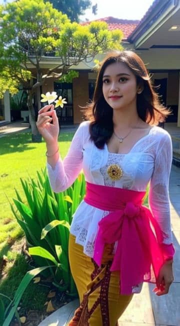 A woman in a white top and yellow Kebaya Bali holding a flower A woman in a white top and yellow Kebaya Bali holding a flower