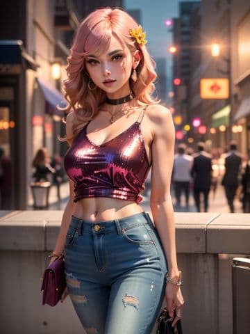 A woman with blonde hair wearing a purple top and jeans A woman with blonde hair wearing a purple top and jeans