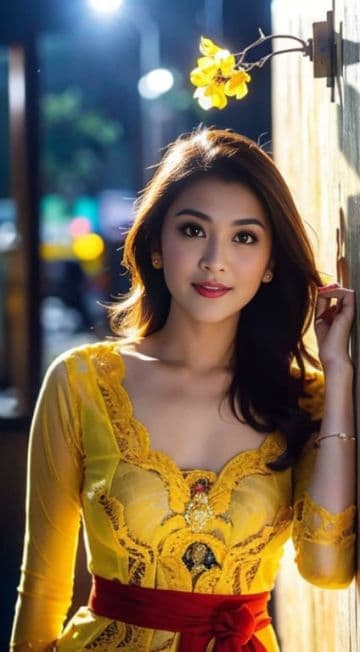 A woman in a yellow Kebaya Bali leaning against a wall A woman in a yellow Kebaya Bali leaning against a wall