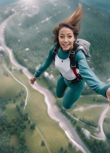 A woman flying through the air while wearing a backpack A woman flying through the air while wearing a backpack