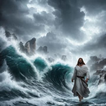 A man in a white robe walking through the ocean A man in a white robe walking through the ocean