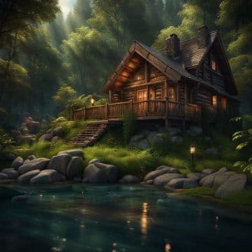 A painting of a cabin in the woods A painting of a cabin in the woods