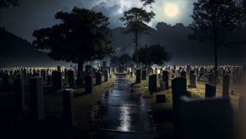 A cemetery at night with a full moon in the sky A cemetery at night with a full moon in the sky