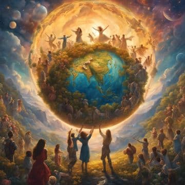 A painting of a group of people standing around a globe A painting of a group of people standing around a globe