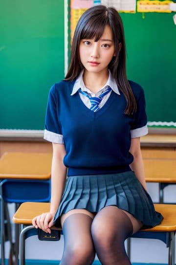 A girl in a school uniform sitting on a desk A girl in a school uniform sitting on a desk