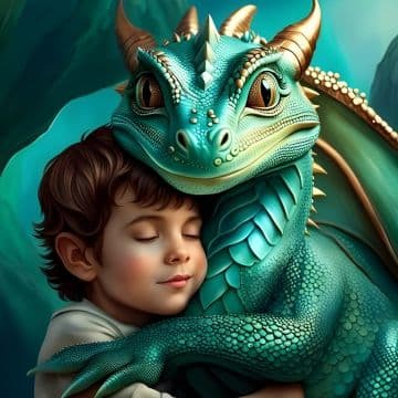 A young boy hugging a green dragon A young boy hugging a green dragon