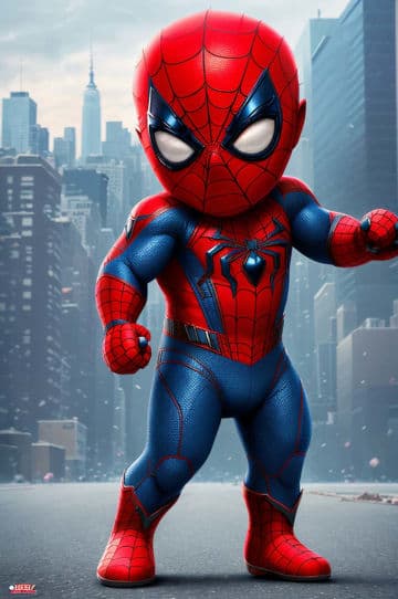 A spider - man is standing in the middle of a city street A spider - man is standing in the middle of a city street