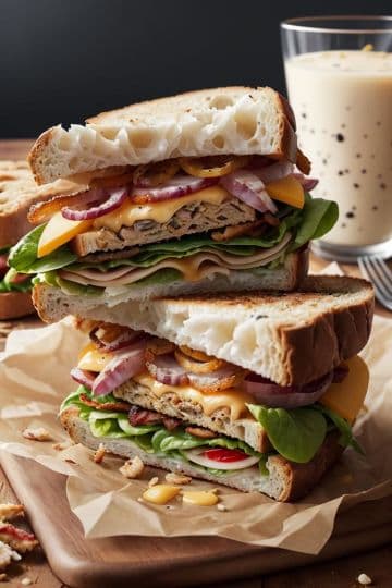 A cut in half sandwich sitting on top of a cutting board A cut in half sandwich sitting on top of a cutting board