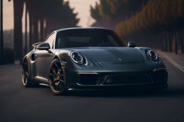 A grey sports car driving down a street A grey sports car driving down a street