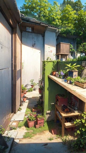A back yard with a lot of potted plants A back yard with a lot of potted plants