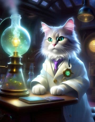 A cat in a lab coat sitting at a desk A cat in a lab coat sitting at a desk